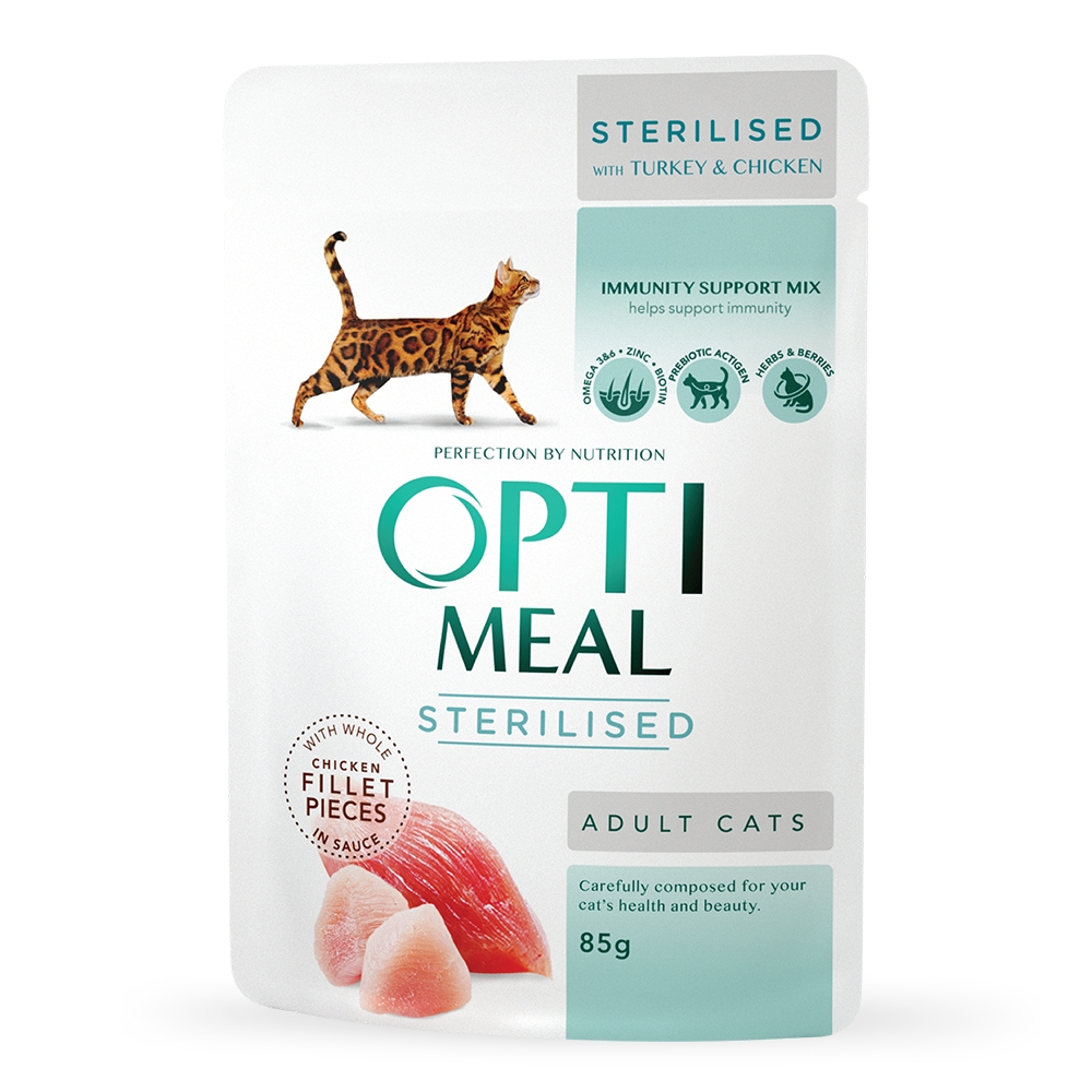 OPTIMEAL конс. корм для дор.котів з ефект.вивед. шерсті з качкою та шмат. печінки в яблучном желе,85