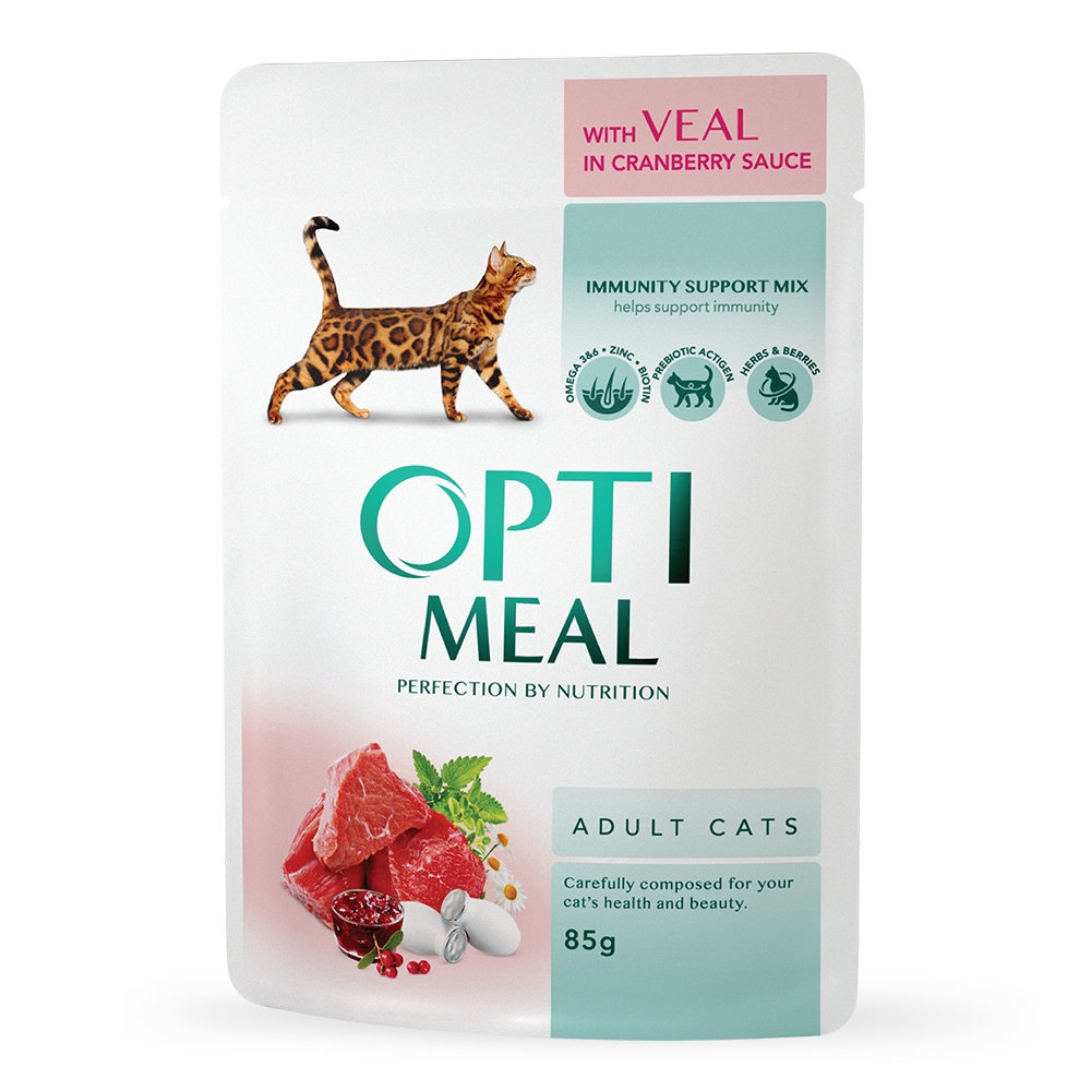 OPTIMEAL конс. корм для котів з телятиною в журавлиновому соусі, 85 гр.