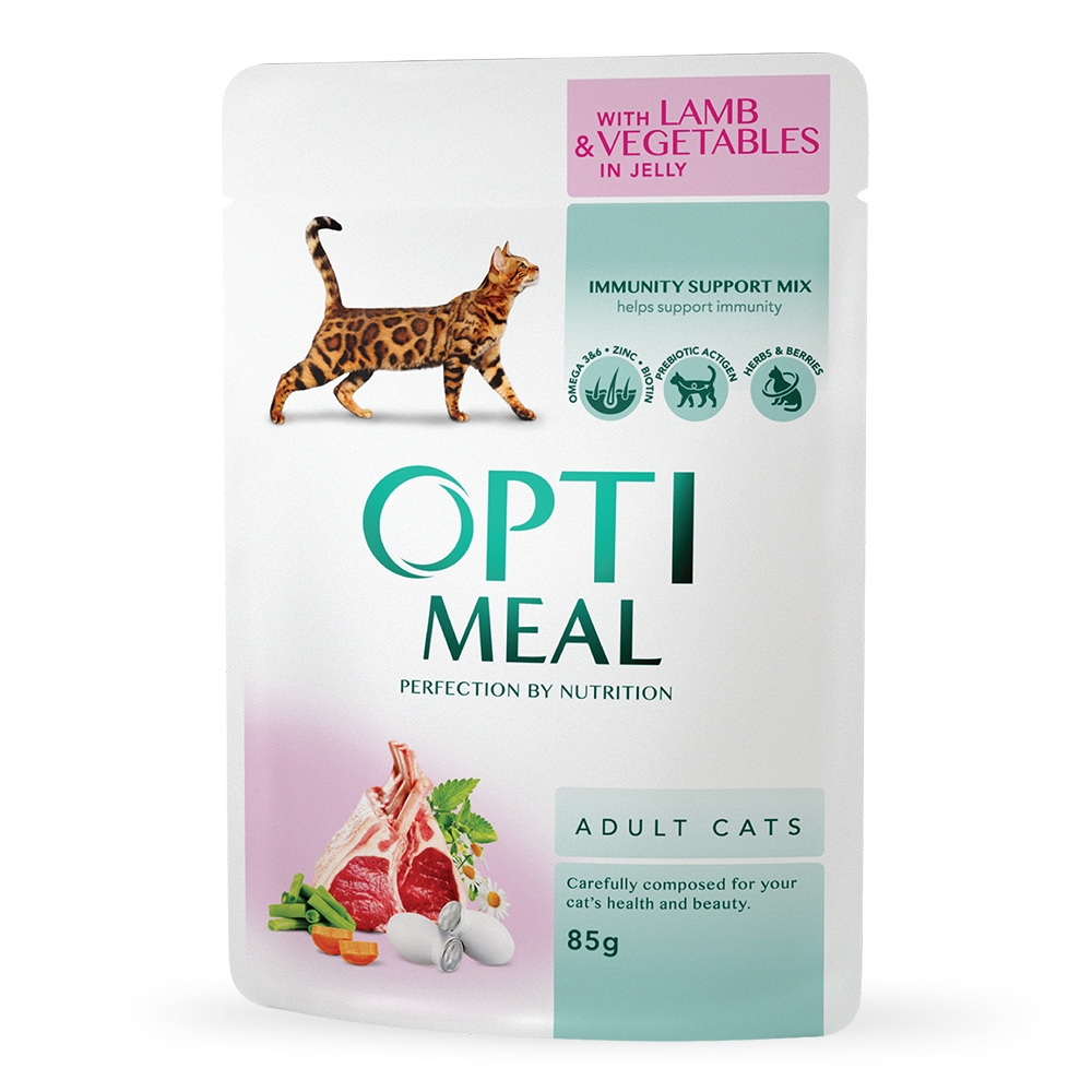 OPTIMEAL конс. корм для котів з ягням та овочами в желе, 85 гр.