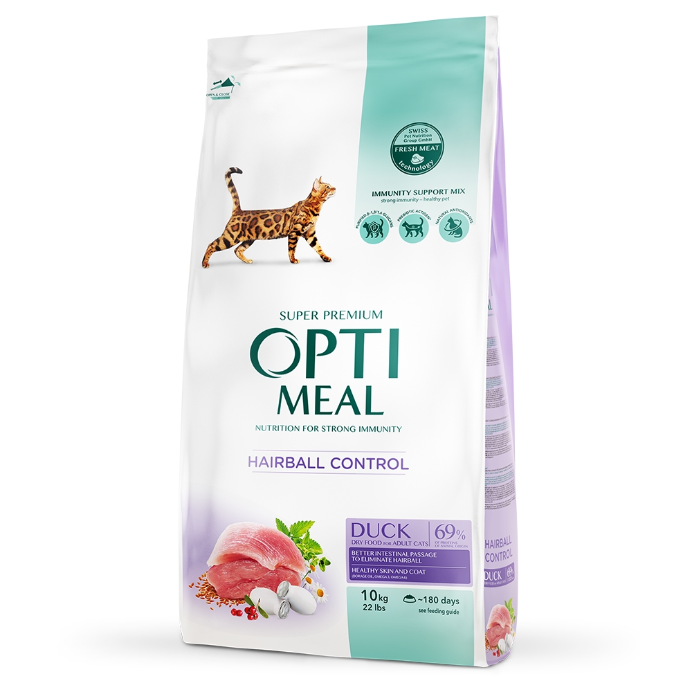OPTIMEAL Сухий корм для котів з ефектом виведення шерсті - качка, 10 кг.