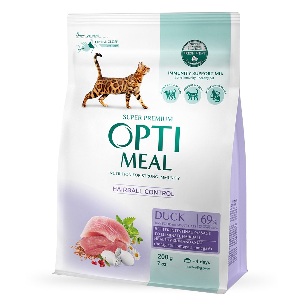 OPTIMEAL Сухий корм для котів з ефектом виведення шерсті - качка, 200 гр.